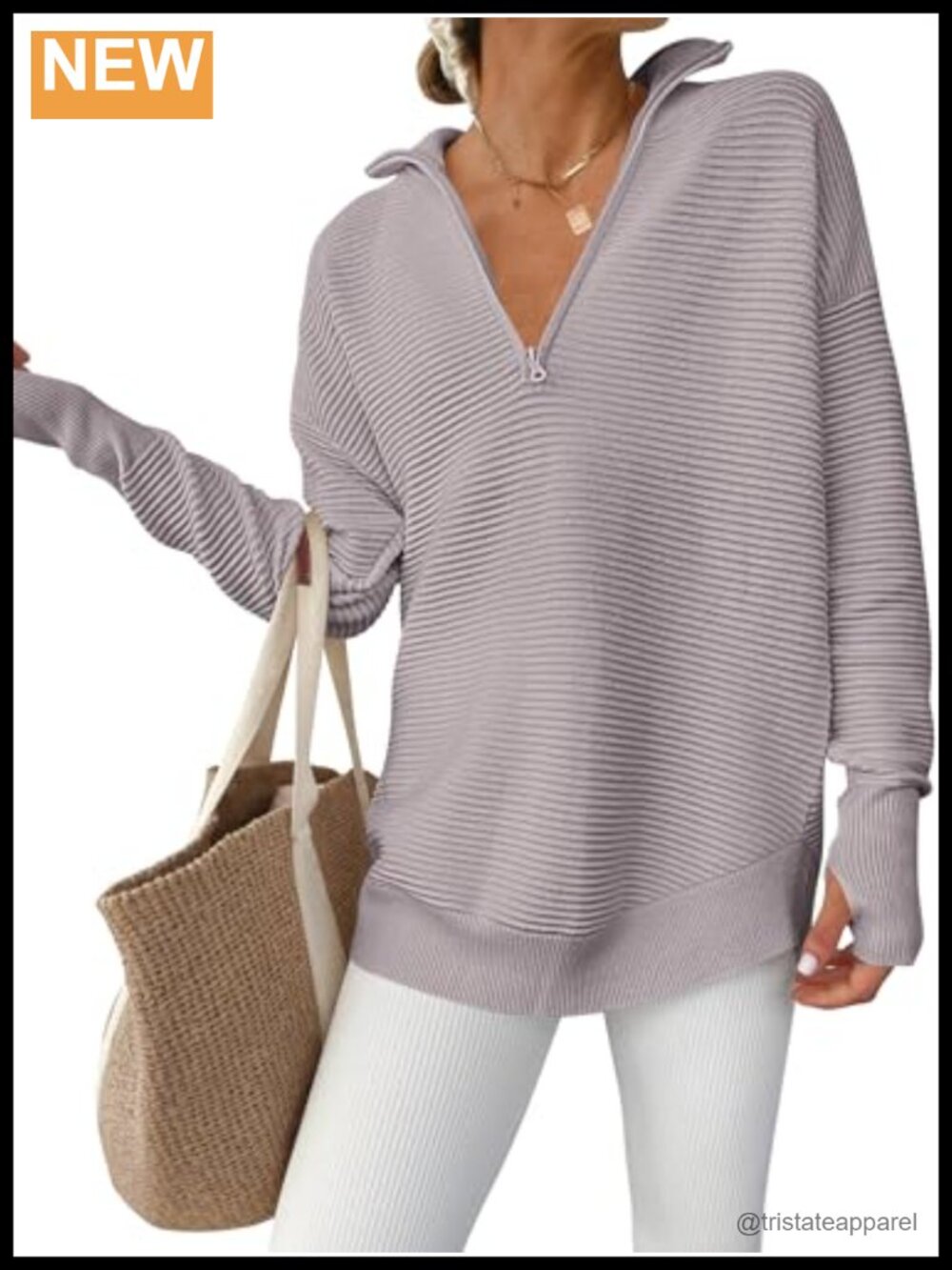 Women Long Sleeve V Neck Quarter Zip Rib Knit Pullover Sweater Thumbholes